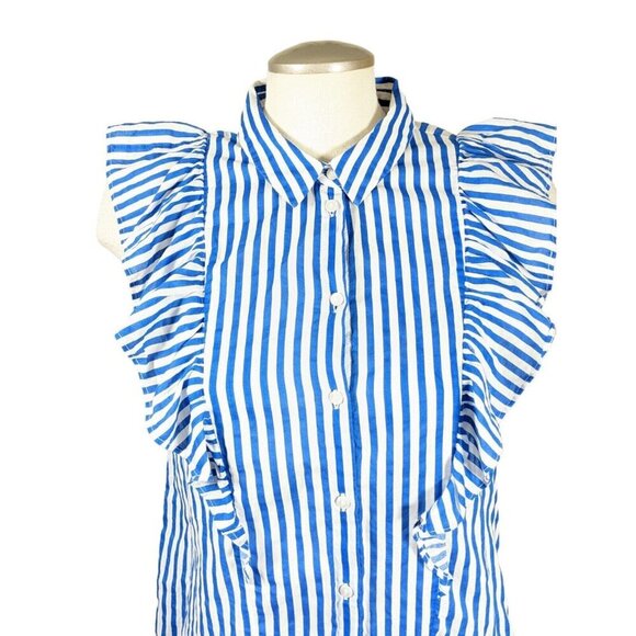 Noisy May Blouse Womens L Blue White Stripe Ruffle Coastal Romantic Sleeveless - Picture 3 of 7
